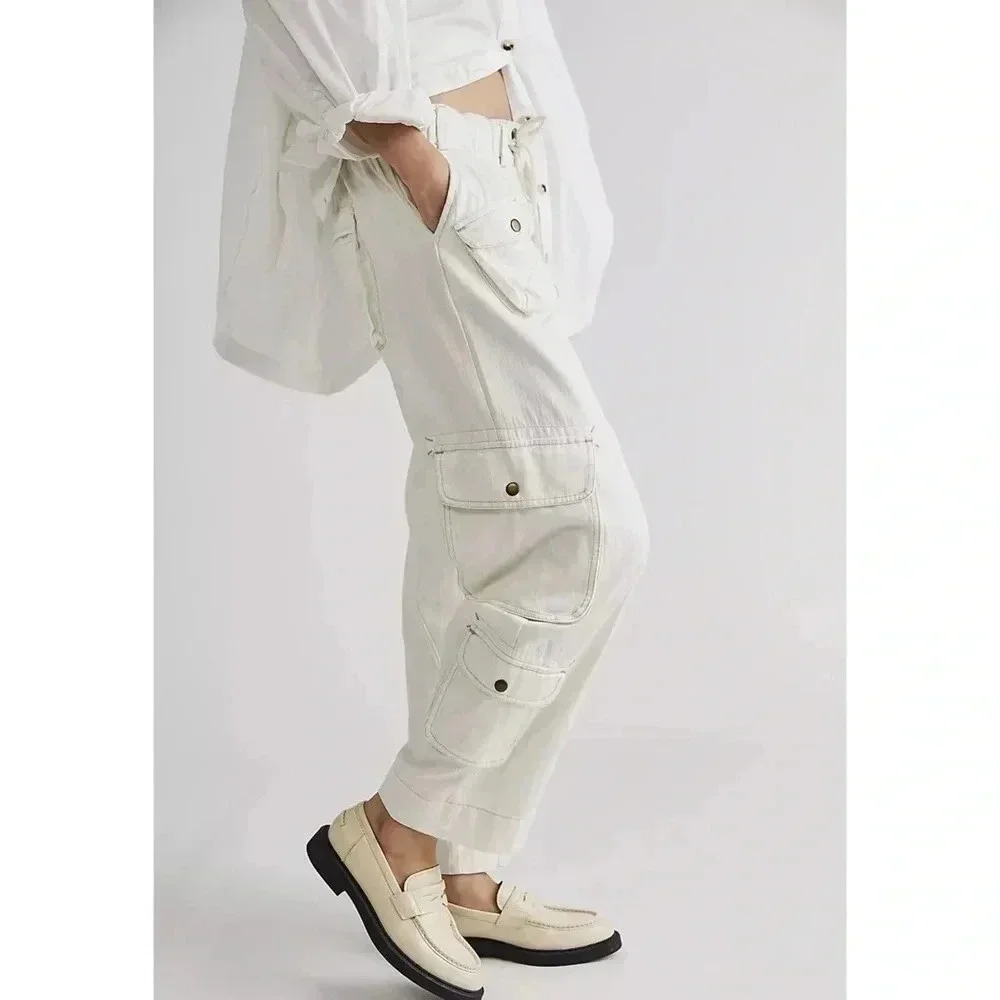 New Free People Tahiti Low-Rise Cargo Pants White Large